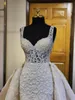 2023 Oct Arabic Aso Ebi Plus Size Beaded Lace Wedding Dress Sheath Detachable Train Bridal Gowns Dresses ZJ609