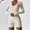 Lu Align Lu Yoga Jumpsuit Woman Långärmning Låg V Neck Push Up Short Ben Dancing Unitard avtagbara kuddar Slim Fit Women