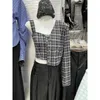 Vestes Femmes Femmes Plaid Top Deux Pièces Ensemble À Manches Longues Col En V Manteau Court Gilet Sangle Réservoir 2023 Automne Mode Bureau Dame