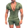 Men's Tracksuits Solid Color Hooded Bodysuit Zip Shorts One Piece Set