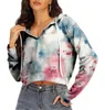 Hoodies femininos 2023 moda feminina cintura alta recortada com capuz cordão camisola na moda tie-dye com decote em v manga comprida curto topo