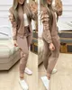 Kvinnors tvåstycksbyxor Kontrasterande Leopard Print Jacket Drawstring Pant Suit Chic Fashion Summer Form-passande High Style Casual Sporty