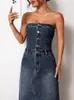 Casual Jurken Blauwe Strapless Denim Jurk Vrouwen Sexy Backless Bodycon Lange Mode Knop Mouwloze Avondfeestjurken 2023 Zomer