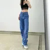 Kvinnors jeans broderade stjärnor lappade flare kvinnor mode streetwear vintage koreanska raka byxor hög midja baggy denim byxor