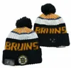 Herrmöss Hockey Ball Hats Bruins Beanie Alla 32 lag Sticked Cuffed Pom Boston Beanies randiga sidelinjen Warme USA College Sport Knit Hattar för kvinnor