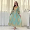 Roupas étnicas Floral Bordado Vestido de Lantejoulas com Cinto Muçulmano V-Pescoço Applique Abaya Vestido de Festa Mulheres Flor Bud Mangas Turquia Vestidos