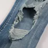 Jeans da uomo EU Drip Blue Baffi invecchiati Toppe con strass Fori danneggiati italiani Slim Fit elasticizzato strappato