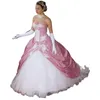 Vintage vitoriano longo vestido de casamento rosa e branco vestidos de noiva querida pescoço rendas apliques espartilho vestido de baile princesa vestidos de noiva