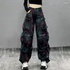 Женские джинсы, женские цветные брюки-карго с высокой талией и множеством карманов, прямые широкие джинсовые брюки-карго, осенняя мода 2023