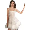 Casual Dresses Sexy Women Feather Sequin Spaghetti Mini 2023 Summer Slim Dress Elegant Lady White Graduation Birthday Party Gown