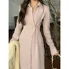 Vestidos casuais básicos polo vestido de malha com botões versátil magro midi coreano francês manga longa outono luxo 231019