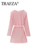 Casual Dresses TRAFZA Autumn Party Woman Trendy Pink O-Neck Long Sleeves Bow Belt Decoration Back Button Female Fashion Mini