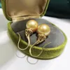 Dangle Earrings Fine Jewelry Pure 18K Yellow Gold Natural 11-12mm Ocean Salt Water Golden Round Pearl For Women