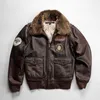 Men's Leather Faux Winter Shearling Collar Vintage Genuine Jackets Brown Stylish Embroidered Labels Cowhide Cotton Clothings 231020