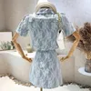 Work Dresses Skirt Suit Women Summer Lace Soft Short Sleeve Denim Coats Cropped Tops Slim Set Young Ladies Sweety Party 2 Piece Sets