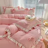 Sängkläder set prinsessan koreansk stil uppsättning med bow rosa blå flickor dubbel drottning storlek täcke täcker ingen fyllning platta lakan kuddar kit 231020