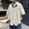 Männer Casual Hemden Japanischen Stil Revers Kurzen ärmeln Gestreiften Sommer High Street Einfache Lose Einreiher Tops Mann Kleidung