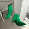 Bot Suojialun marka kadın ayak bileği botları ince yüksek topuk sivri uçlu bayanlar zarif chelsea boot elbise pompaları kısa botlar 231019