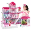 Casa de boneca Acessórios Princesa Villa DIY Dollhouses Pink Castle Play com Slide Yard Kit Montado Boneca Casa Brinquedo Presente de Ano de Aniversário 231019