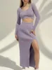 Zweiteiliges Kleid gestrickt Winter Frauen Sexy Pullover Rock Anzug Y2K Mode Langarm Crop Tops und lange Split Rock Kleid zweiteilige Sets 231020