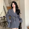 Women's Suits Autumn Vintage Casual Waist Herringbone Pattern Blazers Suit Coat Commuter British Style Fleece Loose Belt Coats