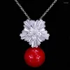 Anhänger Halsketten ThreeGraces Elegante Zirkonia Schneeflocke mit roter Perle Tropfen Halskette für Frauen Mode Party Schmuck Geschenk PN038