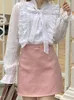 Blusas femininas kimokokm estilo preppy coreia roupas doce camisa bonito bandagem arco único breasted elegante manga alargamento branco