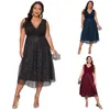 Robes de grande taille femmes col en V sans manches contraste maille soirée robe mi-longue Sexy anniversaire 2023 Tulle femmes sortie tenue