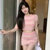 Work Dresses 2 Piece Sets Women Knitted Pink T-shirts Short Sleeve Mini Skirts Sheath Crop Tops Y2k Outfits Striped Panelled Sexy Cute