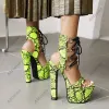 Ahhlsion Handmade Women Summer Snake Sandals Waterproof Block High Heels Round Toe Pretty Black Shoes Ladies US Plus Size 5-14