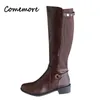 Boots Comemore Women's Buckle Long Knight Female Combat Boot Low Heels Shoes Plus Size Women Zip Leather Knee High 231019