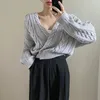 Women's Sweaters Autumn Korean Style Grey One Button Diagonal Fried Dough Twists Long Sleeve V-Neck Sweater