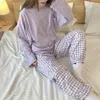 Women's Sleepwear 2023 Autumn Pajamas Suit Sleeve Trousers Purple Plaid Gentle Wind Home Service Kawaii Pajama Bedroom Set