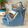 Ahhlsion Handmade Women Summer Denim Sandals Wedges Heeled Round Toe Beautiful Light Blue Party Shoes Ladies US Size 4-20