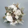 Fleurs de mariage Kaki Bouquet de mariée Demoiselle d'honneur Attachée à la main Décor artificiel Accueil Fournisseur de fête de vacances Floral Cadeaux de roses européennes