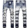 Designer Mens Jeans Moda Rasgado Bordado Pentagrama Patchwork para Homens Tendência Marca Motocicleta Calça Skinny