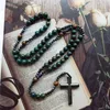 Pendant Necklaces QIGO Stone Beaded Stand Cross Necklace Long Men Chain Fashion Jewelry Green Blue