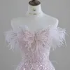 Robe de mère élégante, robes de mère de la mariée, plumes brillantes, dentelle florale 3D appliquée, épaules dénudées, longueur au sol, sur mesure, robes d'invitées de mariage pour cocktail