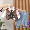 Kleidung Sets 2023 Herbst Koreanische Stil Baby Junge 3PCS Kleidung Set Raum Astronaut Pullover Weste Langarm Hemd Jeans infant Kleinkind Junge Anzug J231020