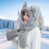 Berets chapéu de malha material macio inverno feminino pelúcia à prova de vento 3-em-1 luvas de cachecol conjunto com proteção de decoração de desenhos animados para rosto
