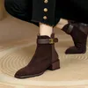 Stövlar 2023 Spring French Style Women Ankle Square Toe Ladies Black Short Heel Retro Booties 231019