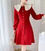 Robes décontractées 2023 Automne Hiver Plissé Poupée Col Pull Robe Douce Mode Femmes Simple Boutonnage Lanterne Manches Tricoté Rouge Robes