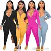 2022 Nieuwe Aututmn Vrouwen Jumpsuits Elegante Rompertjes Lange Mouw V-hals Rits Onesies Bodycon Plaid Stiksels Capri Pants292U