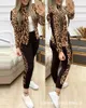 Kvinnors tvåstycksbyxor Kontrasterande Leopard Print Jacket Drawstring Pant Suit Chic Fashion Summer Form-passande High Style Casual Sporty