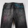 Jeans para hombres EU Drip Denim Gris claro Bigote desgastado Slim Fit Graffiti Agujeros dañados Estiramiento Pintado Rasgado