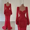 Sexy Mermaid Prom Dresses Appliques Beads Square Long Sleeves Backless Zipper Floor Length Plus Size Custom Made Shining Party Dress Vestido De Noite