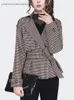 Kvinnors kostymer mode kvinnor Autumn Winter Grey Checkered Woolen Blazer med Belt Elegant Slim Warm Thicked Vintage Casual Jacket