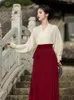 Casual Dresses Yosimi Chinese Style Horse Face Kjol Pleated 2 Piece Women Set V-ringen långärmad vit skjorta och röd Hanfu vintage