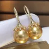 Dangle Earrings Fine Jewelry Pure 18 K Yellow Gold Natural Philippine 11-12mm Ocean Golden Round Pearl For Women