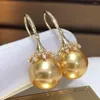 Dangle Earrings Fine Jewelry Pure 18 K Yellow Gold Natural Philippine 11-12mm Ocean Golden Round Pearl For Women